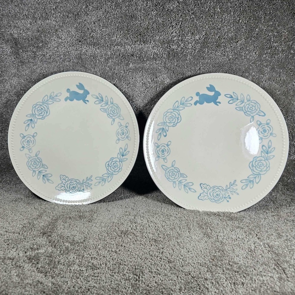 Threshold Dinner Plates Blue Bunny Floral Wreath Beaded Rim Cottagecore Set of 2